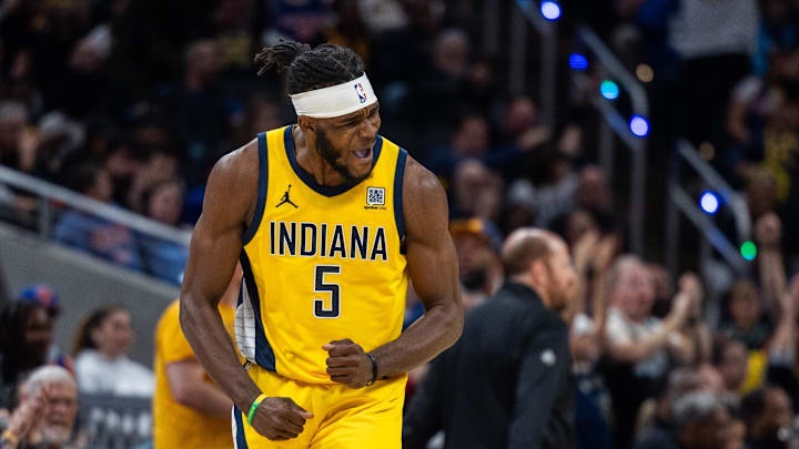 Nov 10, 2024; Indianapolis, Indiana, USA; Indiana Pacers forward Jarace Walker (5) celebrates a made basket in the second half against the New York Knicks at Gainbridge Fieldhouse. Mandatory Credit: Trevor Ruszkowski-Imagn Images