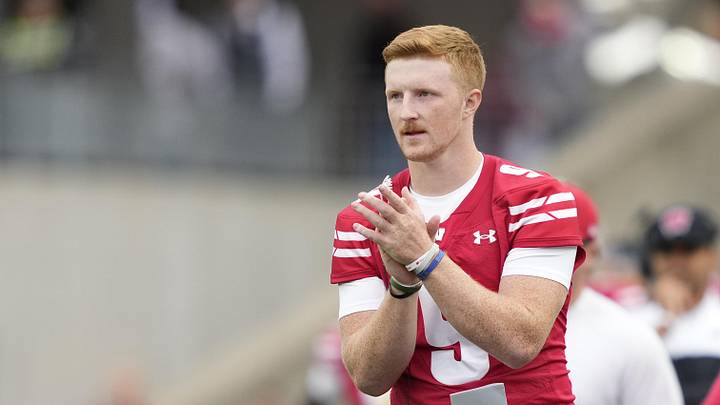 Sep 6, 2025; Madison, Wisconsin, USA; Wisconsin Badgers quarterback Billy Edwards Jr. (9) reacts to a play against the Middle Tennessee Blue Raiders during the second half at Camp Randall Stadium. Mandatory Credit: Kayla Wolf-Imagn Images