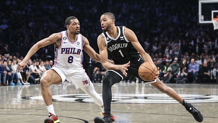Apr 20, 2023; Brooklyn, New York, USA; Brooklyn Nets forward Mikal Bridges (1) looks to drive past