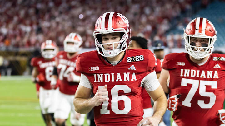 Jan 19, 2026; Miami Gardens, FL, USA; Indiana Hoosiers quarterback Alberto Mendoza (16) against the Miami Hurricanes in the College Football Playoff National Championship game at Hard Rock Stadium. Mandatory Credit: Mark J. Rebilas-Imagn Images