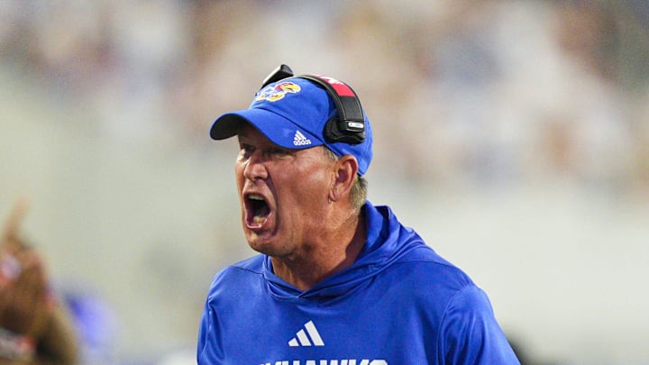 Aug 23, 2025; Lawrence, Kansas, USA; Kansas Jayhawks head coach Lance Leipold reacts after a play during the second half against the Fresno State Bulldogs at David Booth Kansas Memorial Stadium. Mandatory Credit: Jay Biggerstaff-Imagn Images