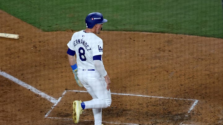 Oct 13, 2024; Los Angeles, California, USA; Los Angeles Dodgers third base Enrique Hernández (8) reacts after scoring a run against the New York Mets in the fourth inning during game one of the NLCS for the 2024 MLB Playoffs at Dodger Stadium. Mandatory Credit: Kiyoshi Mio-Imagn Images Oct 13, 2024; Los Angeles, California, USA; Los Angeles Dodgers third base Enrique Hernández (8) reacts after scoring a run against the New York Mets in the fourth inning during game one of the NLCS for the 2024 MLB Playoffs at Dodger Stadium. Mandatory Credit: Kiyoshi Mio-Imagn Images