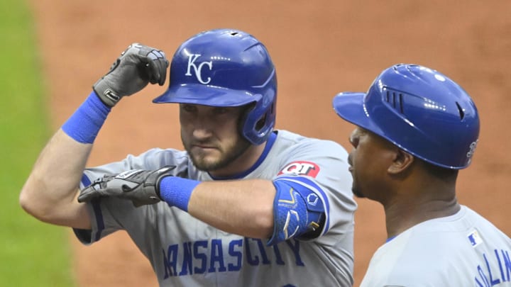 Jun 4, 2024; Cleveland, Ohio, USA; Kansas City Royals center fielder Garrett Hampson (2) celebrates his single in the sixth inning against the Cleveland Guardians at Progressive Field. Mandatory Credit: David Richard-USA TODAY Sports