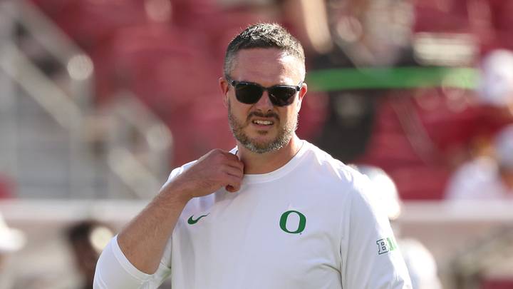 Sep 26, 2026; Los Angeles, California, USA;  Oregon Ducks head coach Dan Lanning looks on before a game against the USC Trojans at United Airlines Field at Los Angeles Memorial Coliseum.  Mandatory Credit: Kiyoshi Mio-Imagn Images