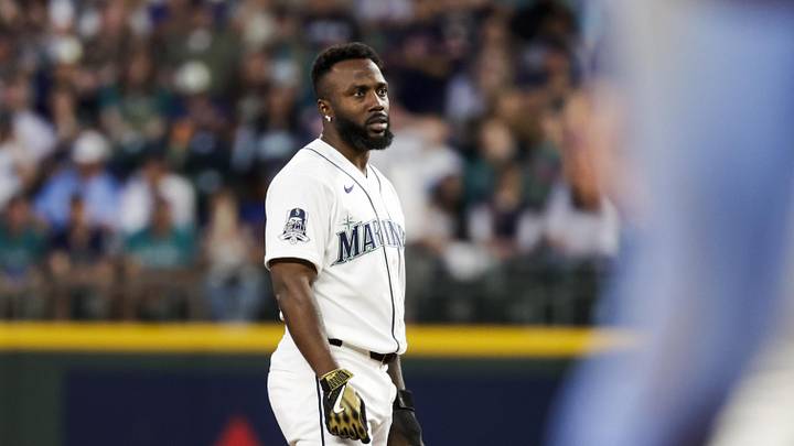 May 2, 2026; Seattle, Washington, USA; Seattle Mariners left fielder Randy Arozarena (56) reacts after being picked off against the Kansas City Royals to end the fifth inning at T-Mobile Park. Mandatory Credit: Joe Nicholson-Imagn Images