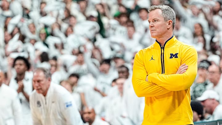 Michigan head coach Dusty May watches a play against Michigan State during the second half at Breslin Center in East Lansing on Friday, Jan. 30, 2026.