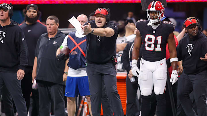 Sep 17, 2023; Atlanta, Georgia, USA; Atlanta Falcons head coach Arthur Smith reacts on the sideline
