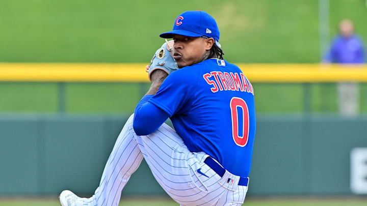 Mar 2, 2023; Mesa, Arizona, USA; Chicago Cubs starting pitcher Marcus Stroman (0) throws in the Mar 2, 2023; Mesa, Arizona, USA; Chicago Cubs starting pitcher Marcus Stroman (0) throws in the