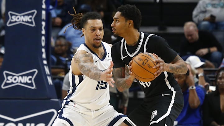 Oct 30, 2024; Memphis, Tennessee, USA; Brooklyn Nets guard Keon Johnson (45) handles the ball as Memphis Grizzlies forward Brandon Clarke (15) defends during the second half at FedExForum. Mandatory Credit: Petre Thomas-Imagn Images Oct 30, 2024; Memphis, Tennessee, USA; Brooklyn Nets guard Keon Johnson (45) handles the ball as Memphis Grizzlies forward Brandon Clarke (15) defends during the second half at FedExForum. Mandatory Credit: Petre Thomas-Imagn Images