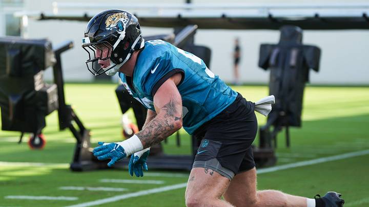 Jacksonville Jaguars Linebacker Parker Hughes (53) explodes on the sled during the Jacksonville Jaguars 10th day of NFL Training Camp at the Miller Electric Center in Jacksonville, Fla., Sunday, August 9, 2026.    [Doug Engle/Florida Times-Union]