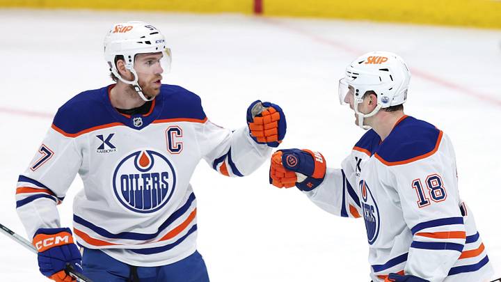 Dec 29, 2025; Winnipeg, Manitoba, CAN; Edmonton Oilers left wing Zach Hyman (18) celebrates an empty net goal against the Winnipeg Jets with Edmonton Oilers center Connor McDavid (97) in the third period at Canada Life Centre. Mandatory Credit: James Carey Lauder-Imagn Images Dec 29, 2025; Winnipeg, Manitoba, CAN; Edmonton Oilers left wing Zach Hyman (18) celebrates an empty net goal against the Winnipeg Jets with Edmonton Oilers center Connor McDavid (97) in the third period at Canada Life Centre. Mandatory Credit: James Carey Lauder-Imagn Images