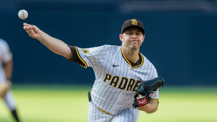 Aug 9, 2025; San Diego, California, USA; San Diego Padres starting pitcher Michael King (34) throws a pitch during the first inning against the Boston Red Sox at Petco Park. Mandatory Credit: David Frerker-Imagn Images Aug 9, 2025; San Diego, California, USA; San Diego Padres starting pitcher Michael King (34) throws a pitch during the first inning against the Boston Red Sox at Petco Park. Mandatory Credit: David Frerker-Imagn Images