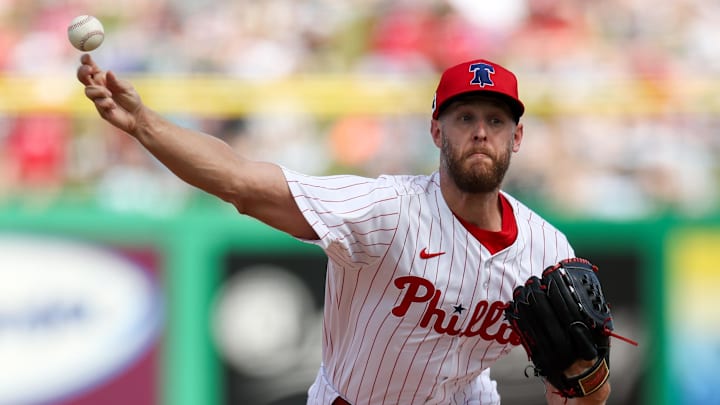 Mar 4, 2025; Clearwater, Florida, USA; Philadelphia Phillies pitcher Zack Wheeler (45) throws a pitch against the New York Yankees in the second inning during spring training at BayCare Ballpark. 