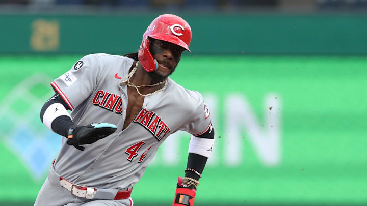 May 19, 2025; Pittsburgh, Pennsylvania, USA;  Cincinnati Reds shortstop Elly De La Cruz (44) runs the bases on his way to scoring a run against the Pittsburgh Pirates during the first inning at PNC Park. Mandatory Credit: Charles LeClaire-Imagn Images
