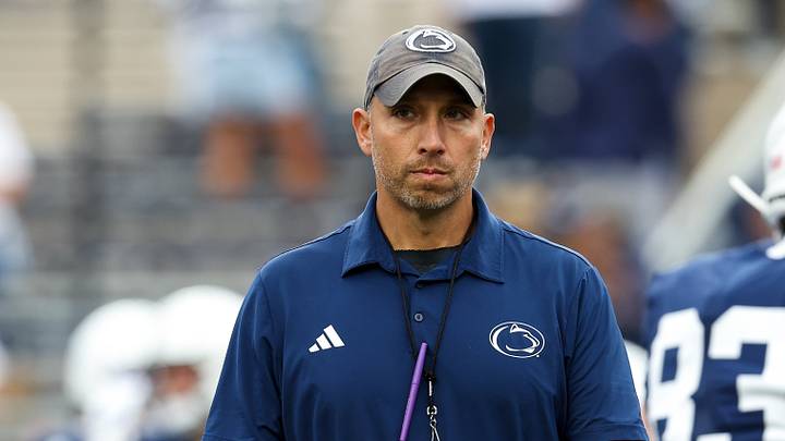 Sep 26, 2026; University Park, Pennsylvania, USA;  Penn State Nittany Lions head coach Matt Campbell looks on during a warmup prior to the game against the Wisconsin Badgers at West Shore Home Field at Beaver Stadium.  Mandatory Credit: Matthew O'Haren-Imagn Images