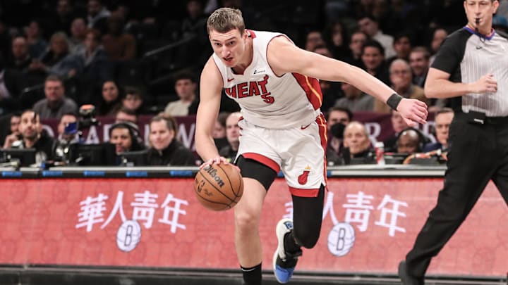 Jan 15, 2024; Brooklyn, New York, USA;  Miami Heat forward Nikola Jovic (5) drives to the basket in