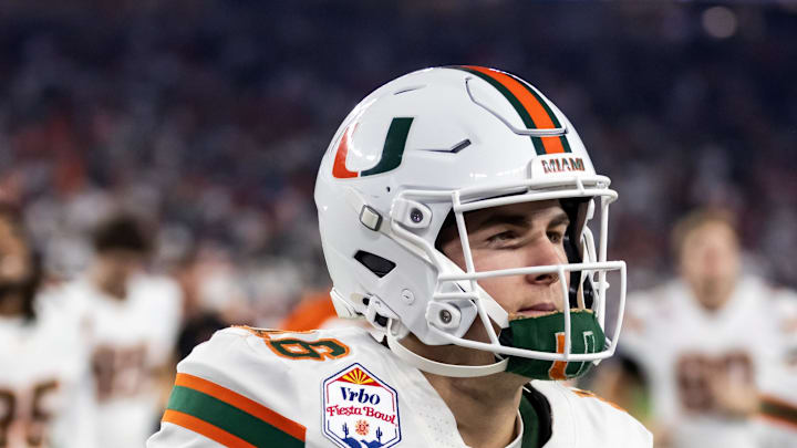 Jan 8, 2026; Glendale, AZ, USA; Miami Hurricanes quarterback Luke Nickel (16) against the Mississippi Rebels during the 2026 Fiesta Bowl and semifinal game of the College Football Playoff at State Farm Stadium. Mandatory Credit: Mark J. Rebilas-Imagn Images