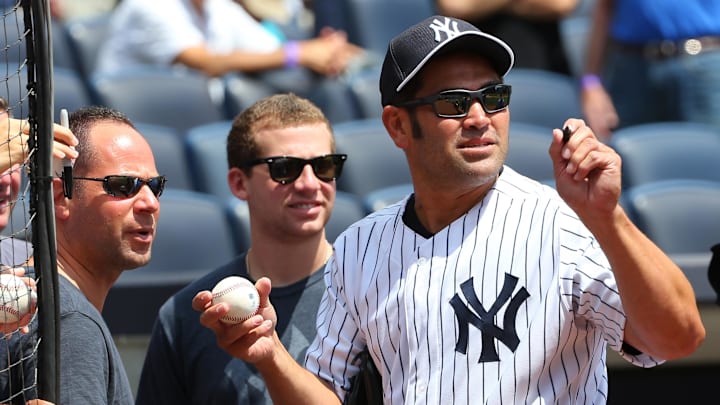 Jun 22, 2014; Bronx, NY, USA;  Former New York Yankee Johnny Damon (18) during Old Timers Day at Yankee Stadium. Mandatory Credit: Anthony Gruppuso-Imagn Images