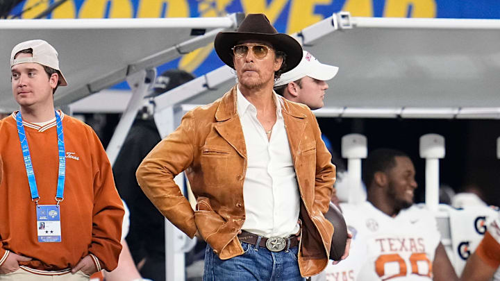 Texas Longhorns fan Matthew McConaughey watches during the second half of the Cotton Bowl Classic College Football Playoff semifinal game against the Ohio State Buckeyes at AT&T Stadium in Arlington, Texas on Jan. 10, 2025.