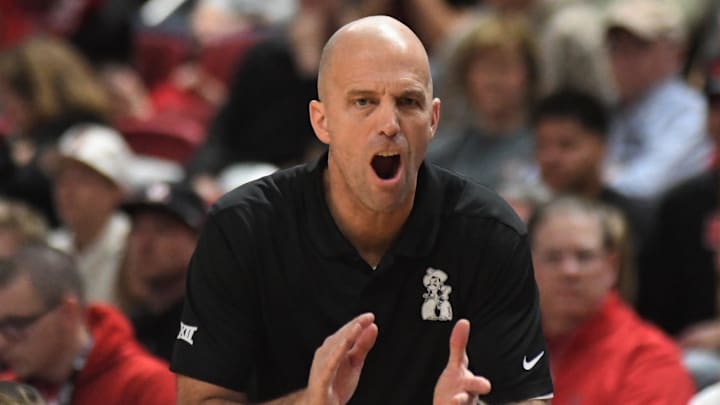 Oklahoma State men's basketball coach Steve Lutz encourages his team against Texas Tech in a Big 12 game Saturday, Jan. 3, 2026, at United Supermarkets Arena.
