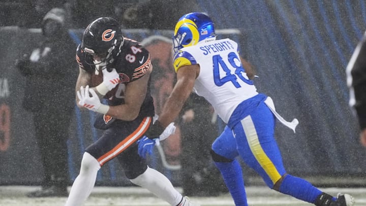 Jan 18, 2026; Chicago, IL, USA; Chicago Bears tight end Colston Loveland (84) runs after the catch against Los Angeles Rams linebacker Omar Speights (48) during the second quarter of an NFC Divisional Round game at Soldier Field. Mandatory Credit: David Banks-Imagn Images