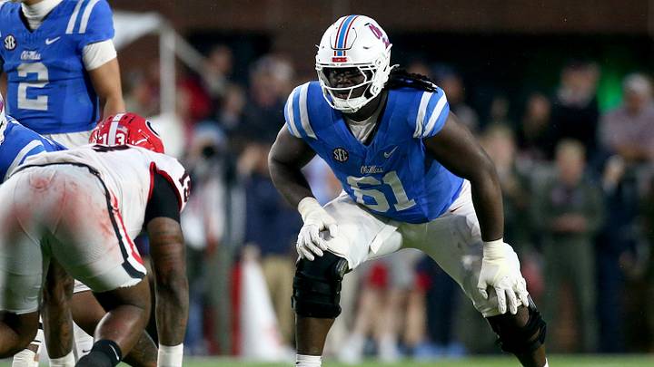 Nov 9, 2024; Oxford, Mississippi, USA; Mississippi Rebels offensive lineman Diego Pounds (61) lines up before the snap during the second half against the Georgia Bulldogs at Vaught-Hemingway Stadium. Mandatory Credit: Petre Thomas-Imagn Images Nov 9, 2024; Oxford, Mississippi, USA; Mississippi Rebels offensive lineman Diego Pounds (61) lines up before the snap during the second half against the Georgia Bulldogs at Vaught-Hemingway Stadium. Mandatory Credit: Petre Thomas-Imagn Images