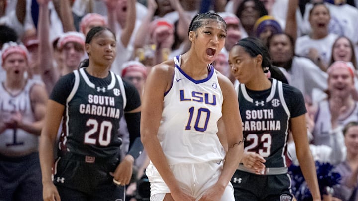 Angel Reese when South Carolina basketball beat her LSU Tigers in Baton Rouge earlier this season.