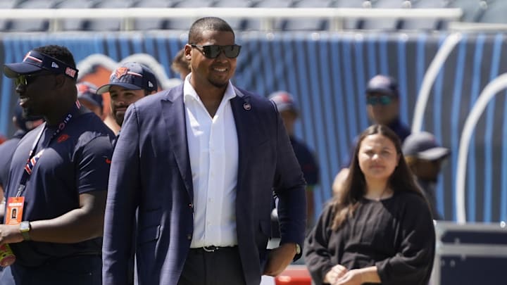 Aug 12, 2023; Chicago, Illinois, USA; ryan Poles, general manager of the Chicago Bears  watches warms ups before the game between the Chicago Bears and the Tennessee Titans at Soldier Field. Mandatory Credit: David Banks-Imagn Images