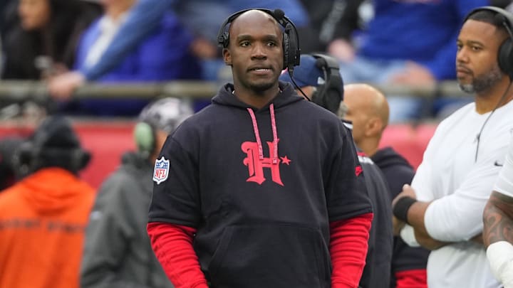 Oct 13, 2024; Foxborough, Massachusetts, USA; Houston Texans head coach Demeco Ryans looks on from the sidelines during the first half at Gillette Stadium.