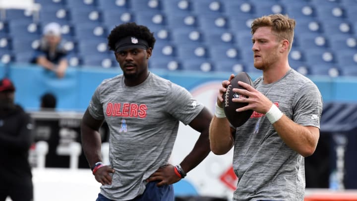 Oct 29, 2023; Nashville, Tennessee, USA; Tennessee Titans quarterback Will Levis (8) and quarterback Malik Willis (7) warm up before the game against the Atlanta Falcons at Nissan Stadium