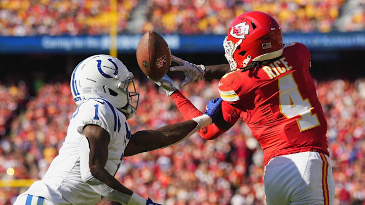 Nov 23, 2025; Kansas City, Missouri, USA;  Kansas City Chiefs wide receiver Rashee Rice (4) cannot make a catch against Indianapolis Colts cornerback Sauce Gardner (1) in the first half at GEHA Field at Arrowhead Stadium. Mandatory Credit: Jay Biggerstaff-Imagn Images