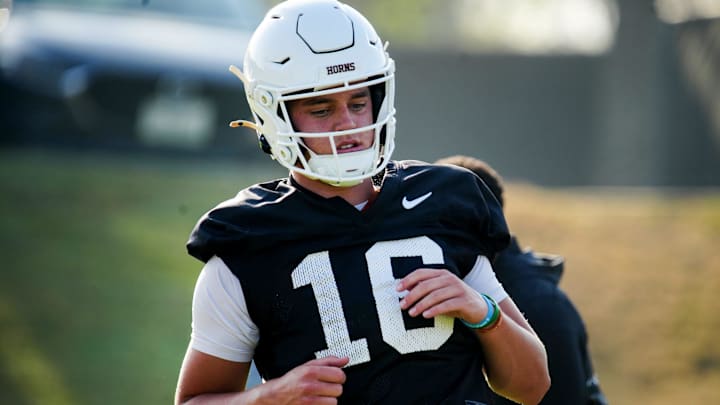 Texas Longhorns quarterback, Arch Manning during his first practice of the spring season on Tuesday, March 25, 2025. Texas Longhorns quarterback, Arch Manning during his first practice of the spring season on Tuesday, March 25, 2025.
