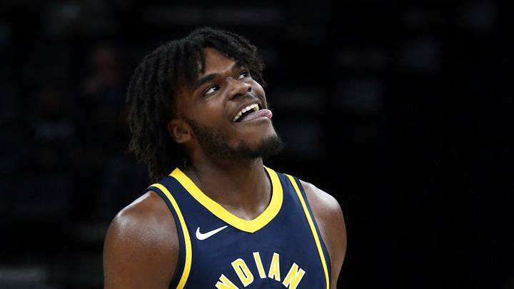 Oct 8, 2023; Memphis, Tennessee, USA; Indiana Pacers forward Jarace Walker (5) reacts during the second half against the Memphis Grizzlies at FedExForum. Mandatory Credit: Petre Thomas-USA TODAY Sports