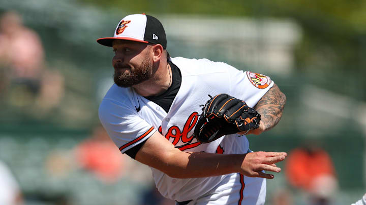 Mar 21, 2023; Sarasota, Florida, USA;  Baltimore Orioles relief pitcher Joey Krehbiel (34) throws a pitch during a spring training game against the Boston Red Sox