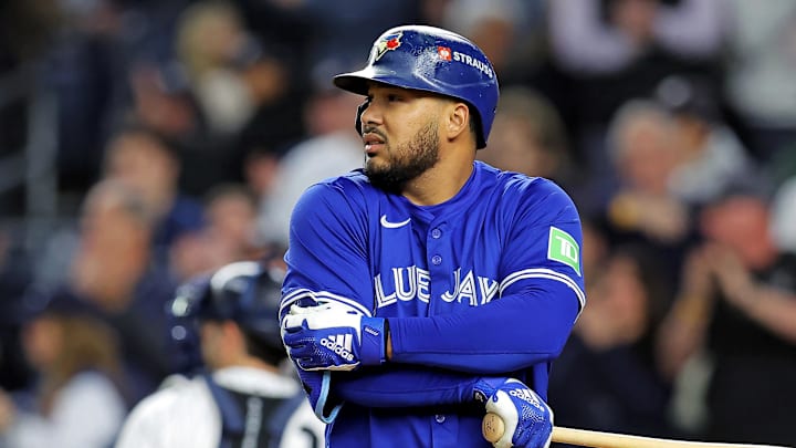 Oct 8, 2025; Bronx, New York, USA; Toronto Blue Jays right fielder Anthony Santander (25) reacts to striking out to end the fourth inning against the New York Yankees during game four of the ALDS round for the 2025 MLB playoffs at Yankee Stadium. Mandatory Credit: Brad Penner-Imagn Images
