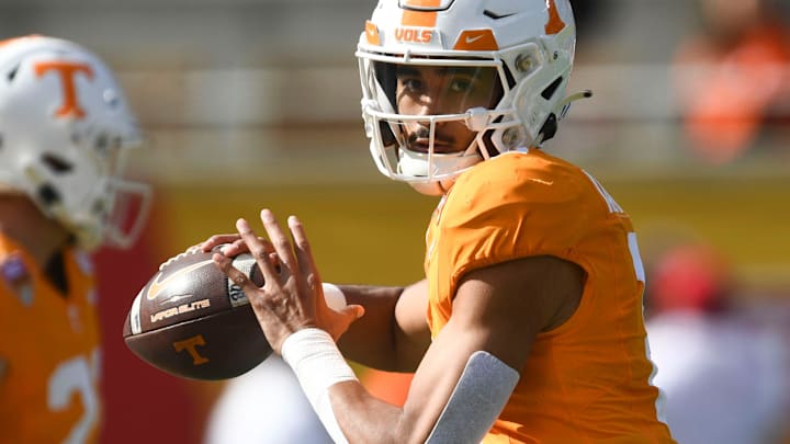 Tennessee quarterback Nico Iamaleava (8) warming up for the Citrus Bowl NCAA College football game on Monday, January 1, 2024 in Orlando, Fla.