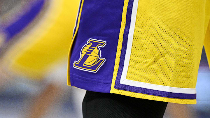 Dec 12, 2023; Dallas, Texas, USA; A view of the Los Angeles Lakers logo on the shorts of forward LeBron James (23) during the game between the Dallas Mavericks and the Los Angeles Lakers at the American Airlines Center. Mandatory Credit: Jerome Miron-Imagn Images Dec 12, 2023; Dallas, Texas, USA; A view of the Los Angeles Lakers logo on the shorts of forward LeBron James (23) during the game between the Dallas Mavericks and the Los Angeles Lakers at the American Airlines Center. Mandatory Credit: Jerome Miron-Imagn Images