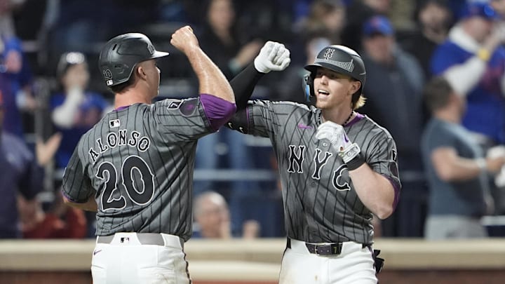 May 10, 2025; New York City, New York, USA; New York Mets first baseman Pete Alonso (20) congratulates New York Mets third baseman Brett Baty (7) for hitting a three run home run against the Chicago Cubs during the fourth inning at Citi Field. Mandatory Credit: Gregory Fisher-Imagn Images May 10, 2025; New York City, New York, USA; New York Mets first baseman Pete Alonso (20) congratulates New York Mets third baseman Brett Baty (7) for hitting a three run home run against the Chicago Cubs during the fourth inning at Citi Field. Mandatory Credit: Gregory Fisher-Imagn Images