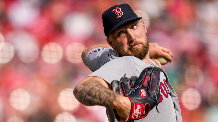 Boston Red Sox pitcher Garrett Crochet (35) throws a pitch in the second inning of the MLB Opening Day game between the Cincinnati Reds and the Boston Red Sox at Great American Ball Park in downtown Cincinnati on Thursday, March 26, 2026. The game was tied at 0 after four innings.