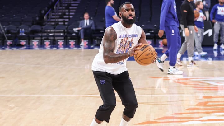 Apr 29, 2025; New York, New York, USA; Detroit Pistons forward Tim Hardaway Jr. (8) warms up prior to game five of first round for the 2025 NBA Playoffs at Madison Square Garden. Mandatory Credit: Wendell Cruz-Imagn Images