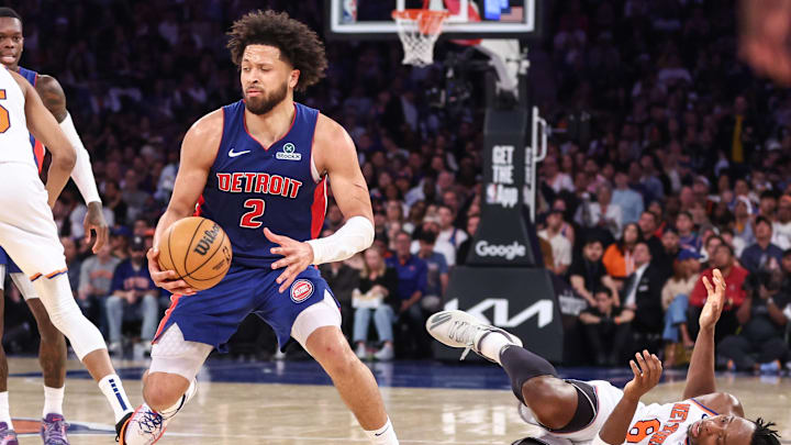 Apr 19, 2025; New York, New York, USA; New York Knicks forward OG Anunoby (8) falls down while guarding Detroit Pistons guard Cade Cunningham (2) in Game One of the First Round of the NBA Playoffs at Madison Square Garden. Mandatory Credit: Wendell Cruz-Imagn Images Apr 19, 2025; New York, New York, USA; New York Knicks forward OG Anunoby (8) falls down while guarding Detroit Pistons guard Cade Cunningham (2) in Game One of the First Round of the NBA Playoffs at Madison Square Garden. Mandatory Credit: Wendell Cruz-Imagn Images