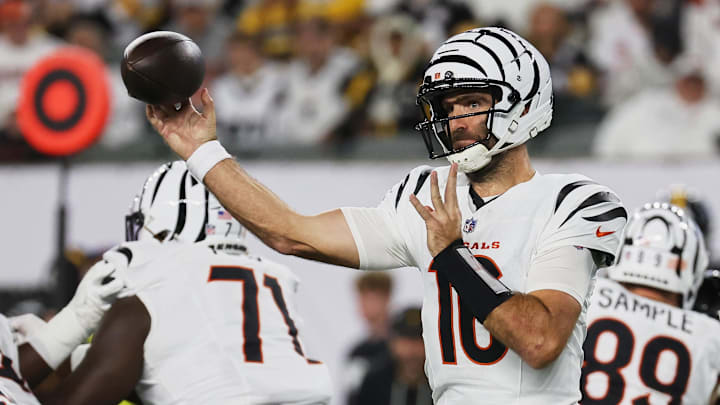 Oct 16, 2025; Cincinnati, Ohio, USA; Cincinnati Bengals quarterback Joe Flacco (16) throws a pass against the Pittsburgh Steelers during the second quarter at Paycor Stadium. Mandatory Credit: Joseph Maiorana-Imagn Images