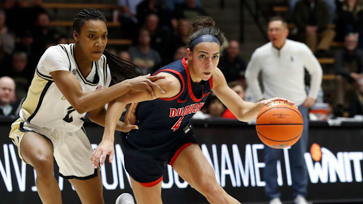Purdue Boilermakers guard Rashunda Jones (2) defends Duquesne Dukes guard Megan McConnell (4) during the NCAA WNIT basketball game, Thursday, March 28, 2024, at Mackey Arena in West Lafayette, Ind.