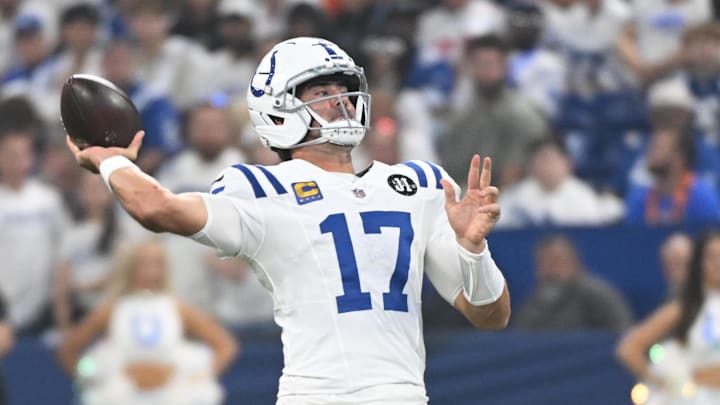 Sep 14, 2025; Indianapolis, Indiana, USA;  Indianapolis Colts quarterback Daniel Jones (17) passes the ball during the first quarter against the Denver Broncos at Lucas Oil Stadium. 