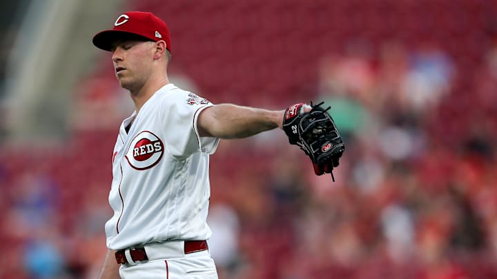 Cincinnati Reds starting pitcher Anthony DeSclafani (28) reacts after surrendering a game-tying two-run home run to Milwaukee Brewers first baseman Jesus Aguilar (24) in the third inning on Thursday, June 28, 2018, at Great American Ball Park.

062818 Reds Cincinnati Reds Baseball Reds Reds Baseball National League Baseball Nl Central Baseball