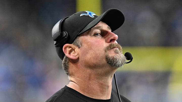 Dec 15, 2024; Detroit, Michigan, USA; Detroit Lions head coach Dan Campbell reacts after the Buffalo Bills scored a touchdown on their first play after recovering an onside kick attempt by the Lions in the fourth quarter at Ford Field. Mandatory Credit: Lon Horwedel-Imagn Images Dec 15, 2024; Detroit, Michigan, USA; Detroit Lions head coach Dan Campbell reacts after the Buffalo Bills scored a touchdown on their first play after recovering an onside kick attempt by the Lions in the fourth quarter at Ford Field. Mandatory Credit: Lon Horwedel-Imagn Images