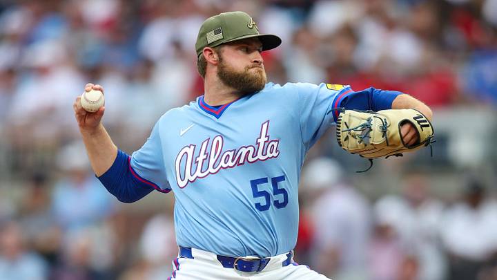 May 16, 2026; Atlanta, Georgia, USA; Atlanta Braves pitcher Bryce Elder (55) throws against the Boston Red Sox in the first inning at Truist Park. Mandatory Credit: Brett Davis-Imagn Images
