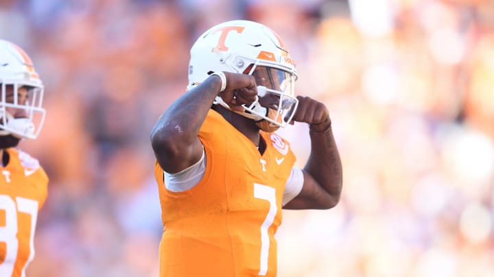 Tennessee quarterback Joe Milton III (7) celebrates during a football game between Tennessee and