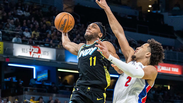 Nov 24, 2023; Indianapolis, Indiana, USA; Indiana Pacers forward Bruce Brown (11) shoots the ball