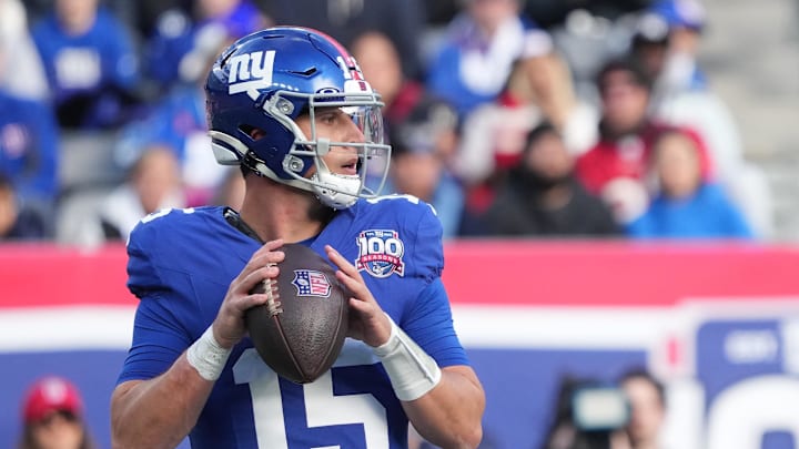 Nov 24, 2024; East Rutherford, New Jersey, USA; New York Giants quarterback Tommy DeVito (15) controls the ball against the Tampa Bay Buccaneers during the first half at MetLife Stadium. Nov 24, 2024; East Rutherford, New Jersey, USA; New York Giants quarterback Tommy DeVito (15) controls the ball against the Tampa Bay Buccaneers during the first half at MetLife Stadium.